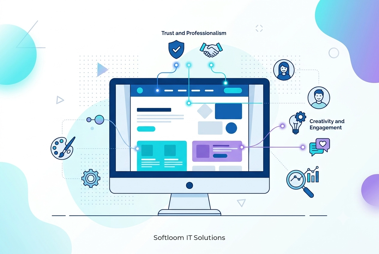 how-color-psychology-impacts-web-design Website design illustration highlighting color psychology, trust, and creativity by Softloom IT Solutions