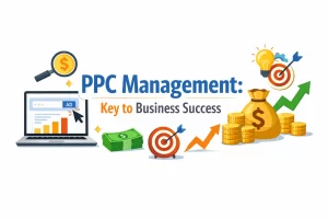 Illustration showing PPC management strategy with ads, keywords, analytics, and ROI growth on a white background