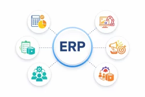 ERP system concept illustration with icons representing finance, HR, inventory, marketing, and operations on a white background