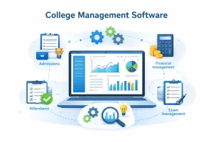Illustration of college management software dashboard with students, laptop, charts, and admin icons on a white and blue background.
