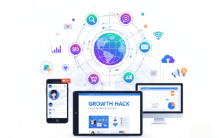 igital marketing concept showing SEO, social media marketing, and online growth