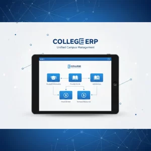 College ERP digital dashboard illustration in blue and white showing student, teacher, and admin icons with modules for attendance, admissions, exams, and fee management
