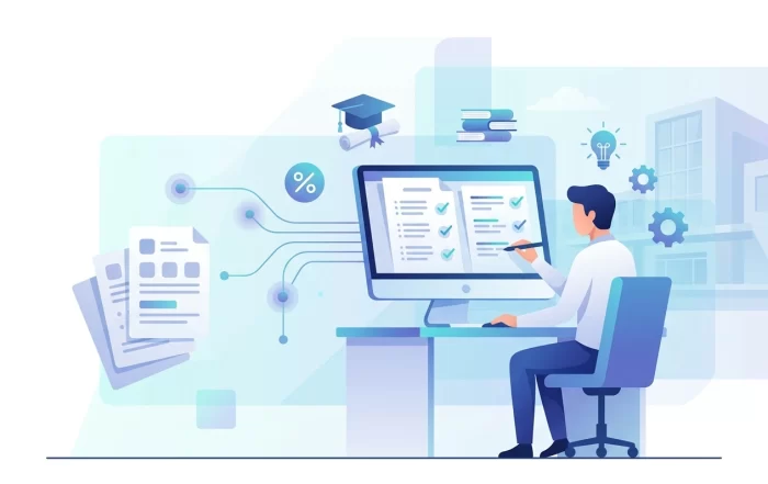 illustrated image of on screen digital evaluation system in light blue and white theme