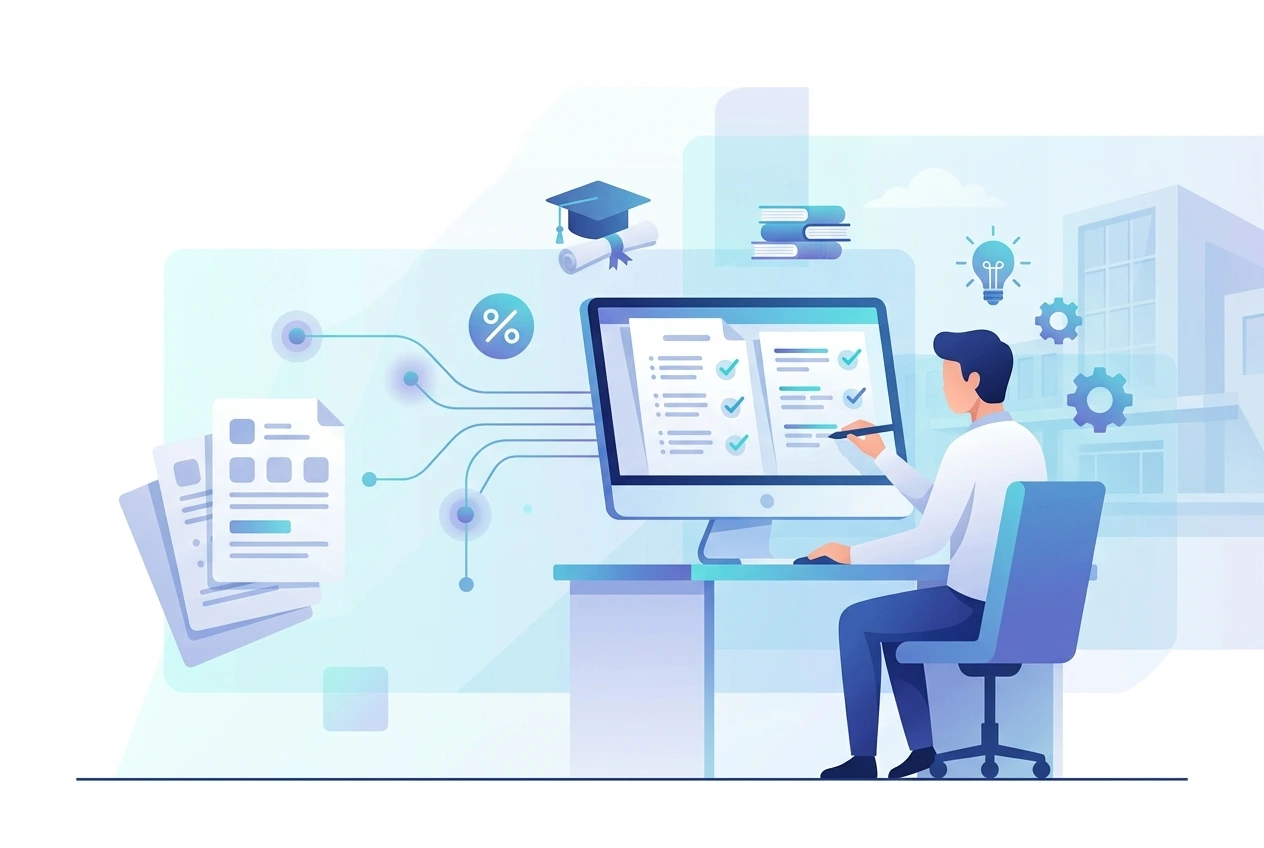 illustrated image of on screen digital evaluation system in light blue and white theme