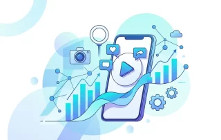 illustrated image of a mobile phone and social media icons