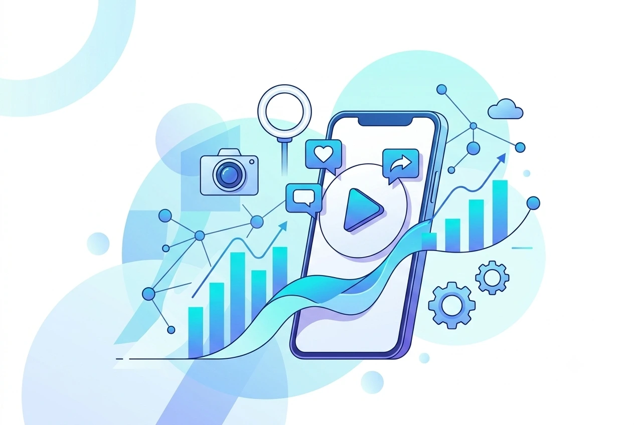 illustrated image of a mobile phone and social media icons